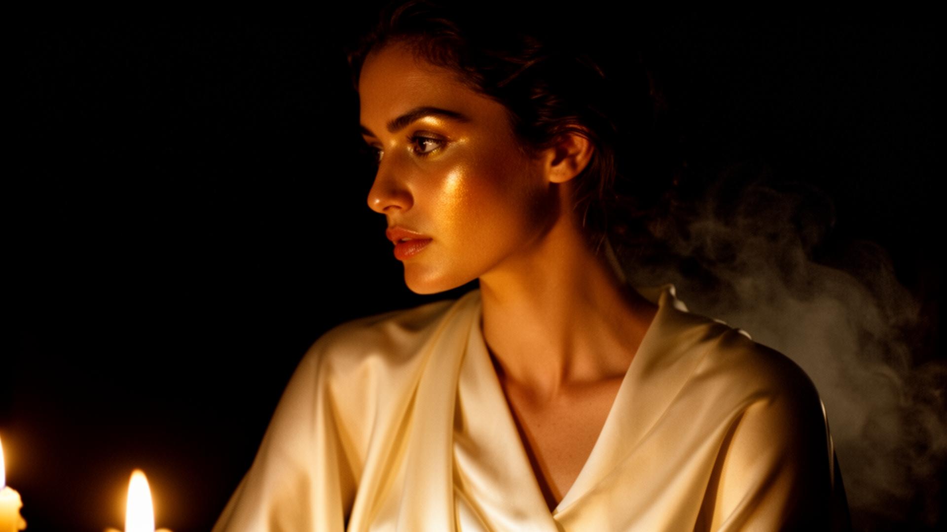 A woman in cinematic shadow and warm low light